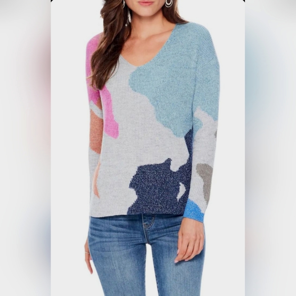 NIC+ZOE Multicolour V-Neck Pullover Knit Sweater Puzzle Time  Grey Pink Medium